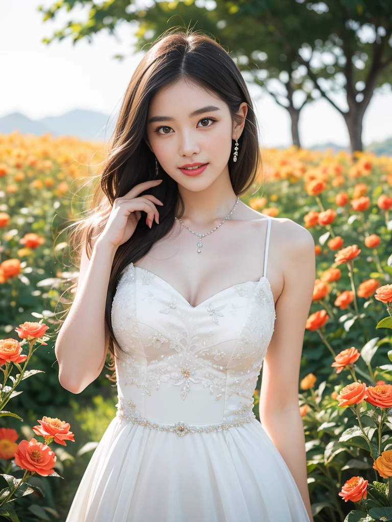 22 years Beautiful korean Girl, masterpiece, best quality, official art, extremely detailed CG unity 8k wallpaper, Ray Tracing, highly detailed, absurdres, Panorama, Depth of field, telephoto lens, angel, looking afar, looking to camera man, in spring, sunset, rainbow, (((flower field))), (((flower sea))), Tyndall effect, 100% Realistic, ((Realistic)), (paper figure),((impasto)),(shiny skin), (water color),bloom effect,detailed beautiful grassland with petal,flower,butterfly,necklace,smile,petal, ((Simple Sparkling A-Line Wedding Dresses Sweetheart Tulle Mini Homecoming Gown Dress)), ((Dress Women Chic Floral Print Sleeveless Slim Korean Fashion Dress)), ((Hylee Floral Coquette Dress - XS)), Perfect body figure, Beautiful Smile, Cinematic photography, Sexy angles, Stylish poses, 4 Different poses, k , high resolution picture quality, very clear body figure, Flowers in hand, Flowers on Hair, Full body shot