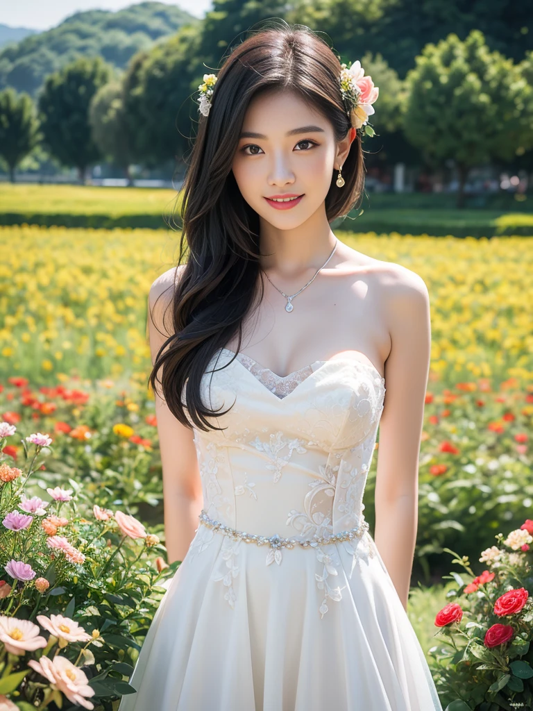 ((((Depth of field)))),(((Sunset backlit),((((Slim body)))),20 years old, twilight rays, lace wedding dress, tiara, (((Rose tunnel))), rose front bokeh, bokeh, photorealistic, surrounded by colorful roses, ((smiling)))))), (mouth closed))),(1 girl) , (Sunset:1.3), (8k, RAW photo, best quality, masterpiece:1.2), (realistic, photorealistic:1.37), best quality, ultra high definition,(standing in a flower field:1.3), (vivid and colorful:1.3)