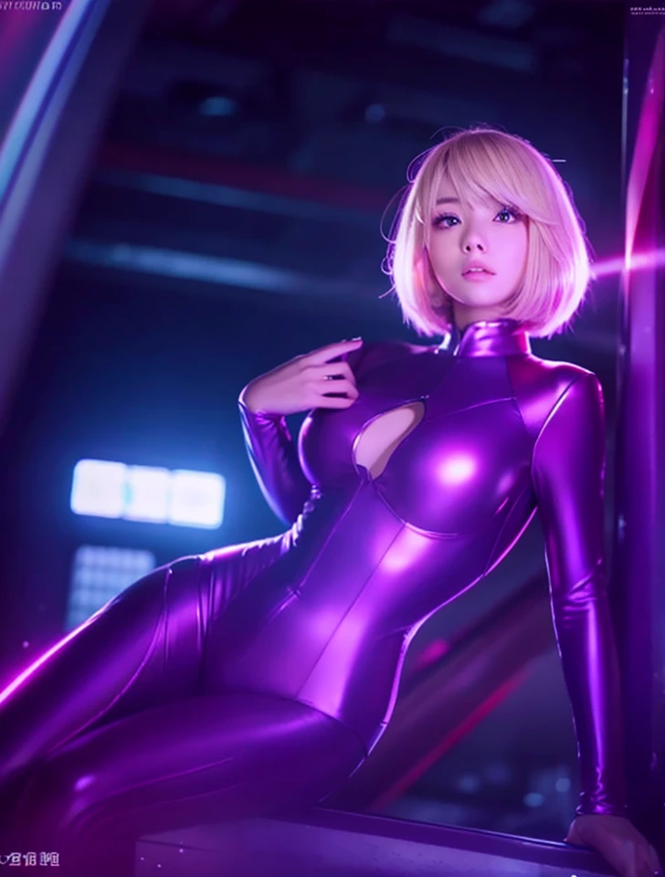 highest quality、Realistic、woman、Japanese、zoom、cute、Red glowing eyes、Blonde、short hair、Purple hero suit、Shiny bodysuit、Back view、universe