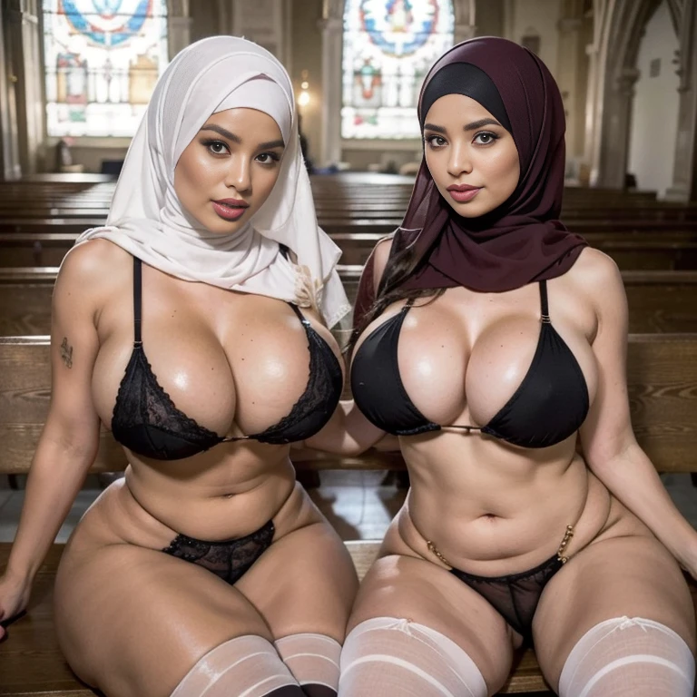 POV: ((((2 Girls, Full naked and nude Muslim Girls, Super huge enormously gigantic , cleavage showing)))), Sexy girl in ((WHITE)) and elaborate lace underwear, with Glossy RED lips, (Exposed:1.2), (((nipple:-0.9))), { (((Extremely closeup))) } (masterpiece, best quality,highres, perfect hands), beautiful lighting, dutch angle, (((2 Girls Muslim Prostitute))) muslim full naked and nude, RAW, Best quality, high resolution, masterpiece: 1.3), (wear: hijab: 1.3), hijabi, Masterpiece, (Huge breasts), (gigantic breasts), (massive breasts), beutiful face, detail face, big gorgeous eyes, Soft smile, (breasts-tits), 2 arab Girls Beautiful,  symmetric Face, 17 Yormous Breasts ,,((wearing deep purple lace arabic outfit)) long white curly and wavy White Hair tied in a daenerys hairstyle from game of thrones airstyle. adorable masterpiece ((yellow honey colored eyes)) , very thick hourglass figure body,, looking at viewer showing cleavage,sitting on the iron throne, posing seductively,(nightime).wearing jewelry, crystal necklaces,earrings, rings