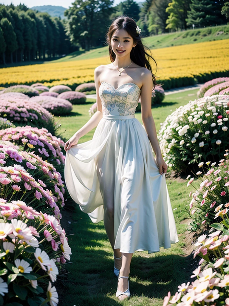 22 years Beautiful korean Girl, masterpiece, best quality, official art, extremely detailed CG unity 8k wallpaper, Ray Tracing, highly detailed, absurdres, Panorama, Depth of field, telephoto lens, angel, looking afar, looking to camera man, in spring, sunset, rainbow, (((flower field))), (((flower sea))), Tyndall effect, 100% Realistic, ((Realistic)), (paper figure),((impasto)),(shiny skin), (water color),bloom effect,detailed beautiful grassland with petal,flower,butterfly,necklace,smile,petal, ((Simple Sparkling A-Line Wedding  Dresses Sweetheart Tulle Mini Homecoming Gown  Dress)), ((Dress Women Chic Floral Print Sleeveless Slim Korean Fashion Dress)), ((Hylee Floral Coquette Dress - XS)), Perfect body figure, Beautiful Smile, Cinematic photography, Sexy angles, Stylish poses, 4 Different poses, k , high resolution picture quality, very clear body figure, Flowers in hand, Flowers on Hair, Full body shot 