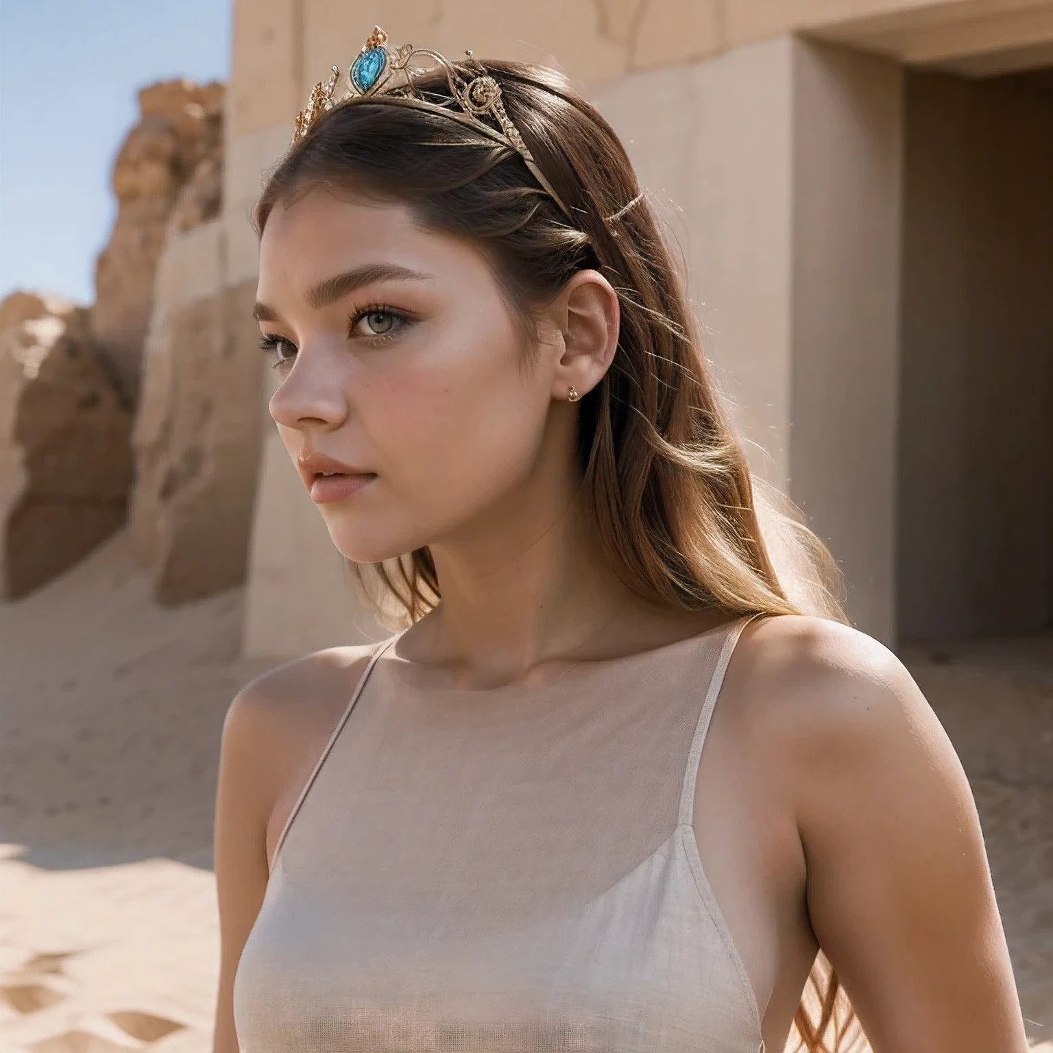 a close up of a college student wearing a tiara and a dress。，（（（side view）））, portrait sophie mudd, portrait of barbara palvin, wearing a light grey crown, wearing tiara, barbara palvin, wearing a tiara, wears a light grey crown, julia gorokhova, posing in leotard and tiara, young goddess, diadem on the head，arafed woman in a white dress standing in the desert, portrait sophie mudd, gorgeous young model, anna nikonova aka newmilky, soft portrait shot 8 k, beautiful female model, photo of a beautiful woman, portrait of a beautiful model, extremely beautiful face, beautiful model, very pretty model, tanned beauty portrait, covered in sand，photo of a college student, in Desert Color Coarse Linen Pink,Desert Color Coarse Linen, (freckles:0.8) cute face, sci-fi, dystopian, detailed eyes, Heterochromia eyes（（Side view））（Lunar soil）((a beautiful fantasy empress))