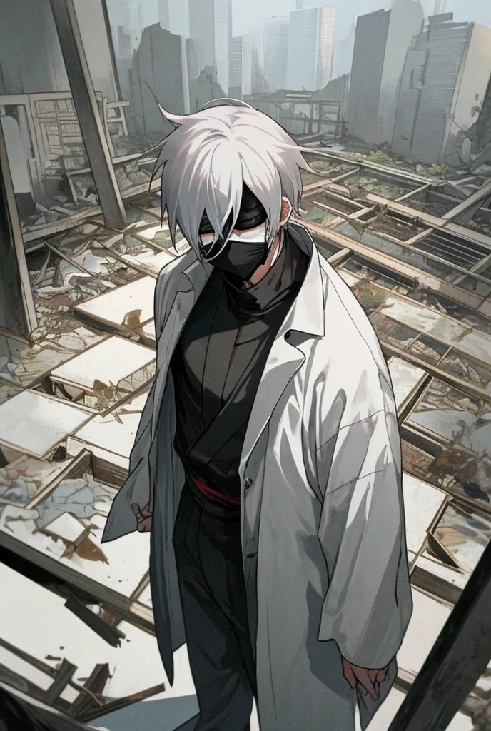 gojo satoru anime character standing in destroyed place white hair straight and wearing mask covering his eyes and black costume 