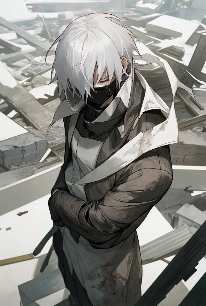 gojo satoru anime character standing in destroyed place white hair straight and wearing mask covering his eyes and black costume 
