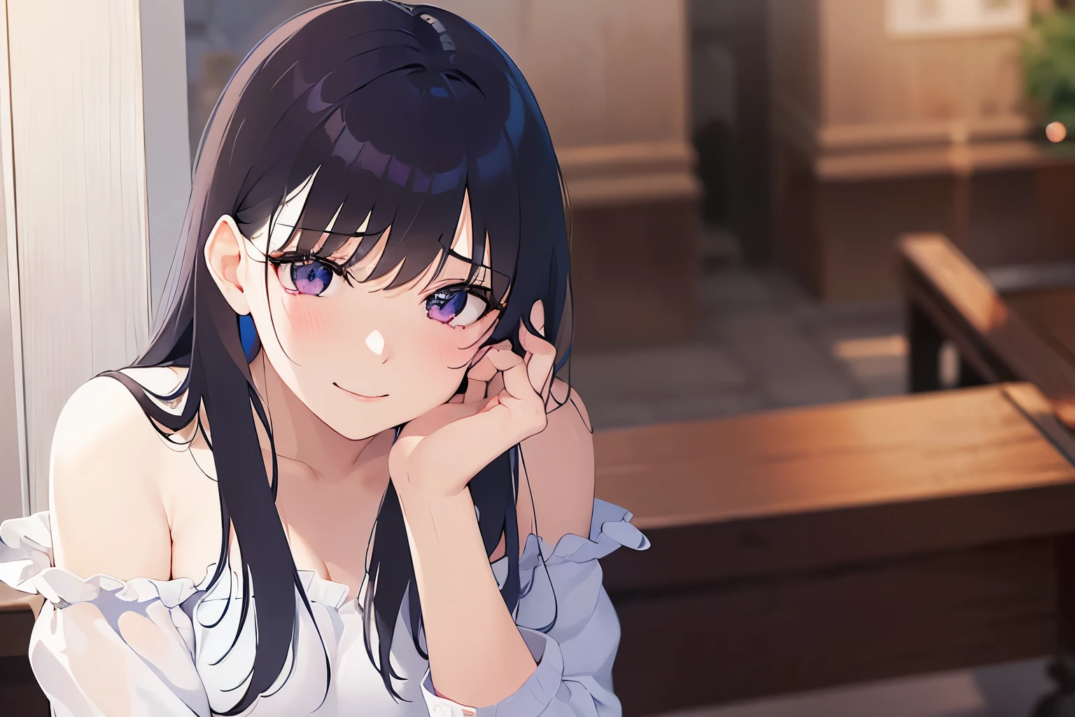 Shooting from above、looking up, Placing hand on face, Biologically correct five fingers、upper body, Realistic, real person, (pale skin: 1.2), (RAW photo:1.5), photorealistic, shiny skin, shiny hair、(A 25-year-old woman with straight hair and bangs) and (medium hair) and (black hair) and (purple eyes), White off-shoulder blouse, (embarrassed:1.2), smile, (tears:1.2), The background is the interior of a cafe、alone、Are standing