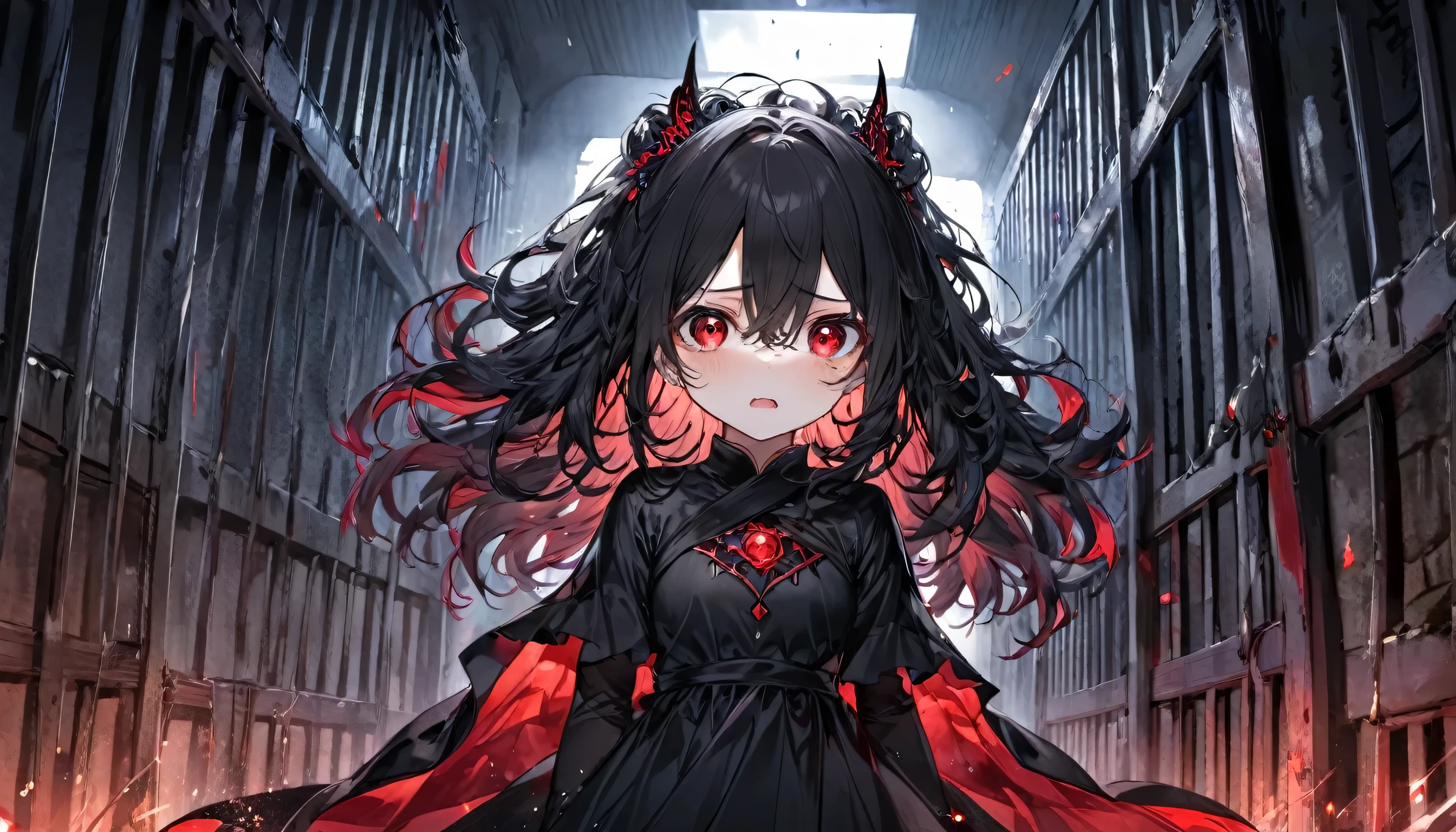((Outlaw:1.4 underground evil style)) ((in a beautiful black evil dress)), (sweaty:1.5 skin, solo curly:1.4 black hair long hair evil princess girl, 15 yo, sad red eyes half closed:0.6 eyes, agony:1.5 face), break, (in the Underground Temple of the Evil God, in night, background a Prison), BREAK, perfect anatomy, masterpiece, best quality, 16k.