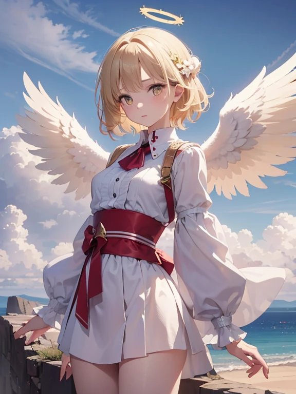 masterpiece, highest quality, Very detailed, 16k, Ultra-high resolution, Cowboy Shot, One -yeld gi Detailed face, Perfect Fingers, Angel halo on head, Golden Eyes, Blonde, short hair, Thin and light clothing, Angel wings growing on the back, Above the Clouds, temple, Fantastic landscape, Flying on angel wings