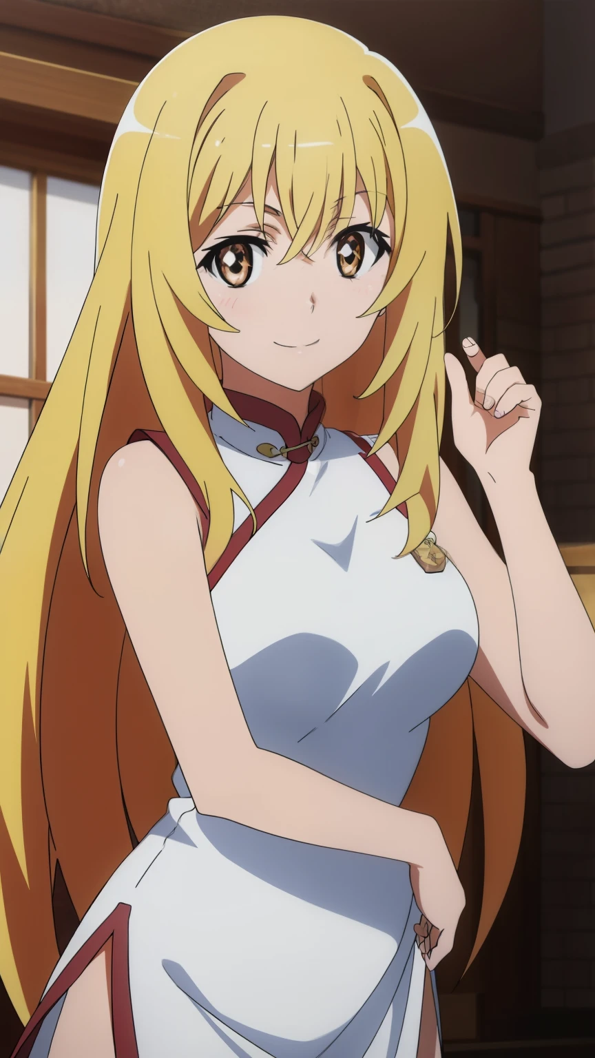 (highest quality, High resolution, 8k, masterpiece: 1.2), Very detailed, Anime art style, Misaki Shokuhou, Beautiful character design, Perfect eyes, Perfect face, Expressive eyes, Perfect balance, smile, blonde, Long Hair, Large midchest, (China dress), looking at the camera, Dynamic pose, Dynamic Angle, The gaze camera focuses on the center of the image,