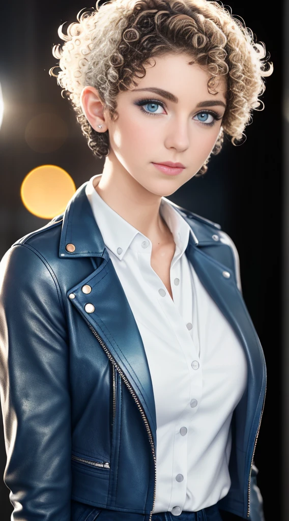 best quality, masterpiece, high resolution, 1 young woman with dark hair, ((blue eyes:1.5))wearing pants and ((white leather jacket1.4)), (((white blouse1.4)),,, ((Short curly hair:1.6)), Pretty Face, physical, Tyndall effect, Practical, Dark Studio, Edge lighting, Two-tone lighting, (High Detail Skin: 1.2), 8K Ultra HD, DSLR camera, Soft Light, high quality, Volumetric Light, Secret Shooting, photo,  high resolution, 4K, 8k, Bokeh