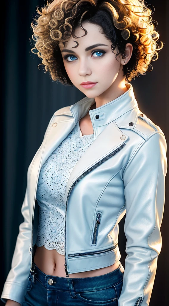 best quality, masterpiece, high resolution, 1 young woman with dark hair, ((blue eyes:1.5))wearing pants and ((white leather jacket1.4)), (((white blouse1.4)),,, ((Short curly hair:1.6)), Pretty Face, physical, Tyndall effect, Practical, Dark Studio, Edge lighting, Two-tone lighting, (High Detail Skin: 1.2), 8K Ultra HD, DSLR camera, Soft Light, high quality, Volumetric Light, Secret Shooting, photo,  high resolution, 4K, 8k, Bokeh