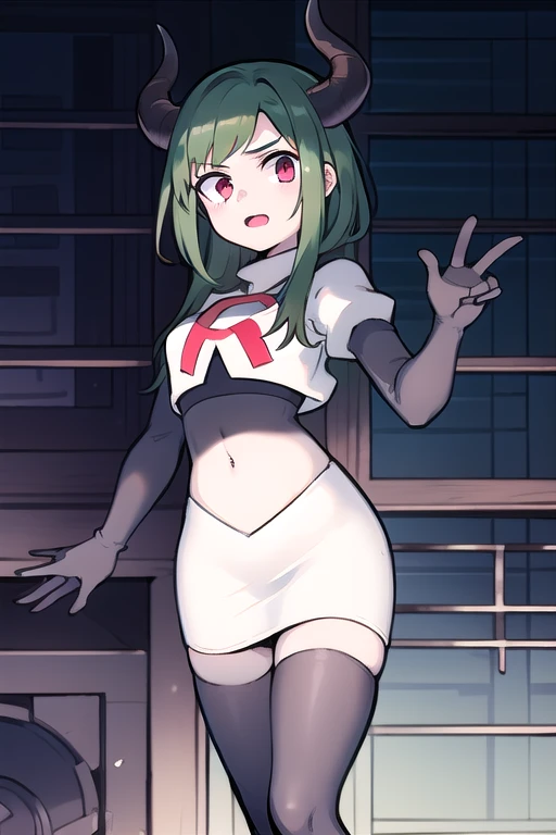 masterpiece, 1girl, simmer, green skin, colored skin, green hair, red eyes, horns, team rocket,team rocket uniform,white skirt,red letter R,crop top,black thigh-highs,black elbow gloves