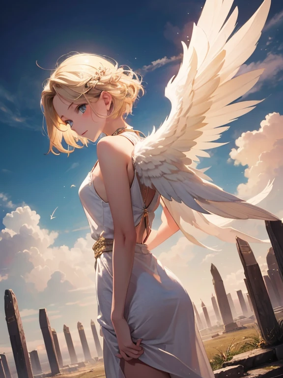 masterpiece, highest quality, Very detailed, 16k, Ultra-high resolution, Cowboy Shot, One -yeld gi Detailed face, Perfect Fingers, Angel halo on head, Golden Eyes, Blonde, short hair, Thin and light clothing, Angel wings growing on the back, Above the Clouds, temple, Fantastic landscape, Flying on angel wings