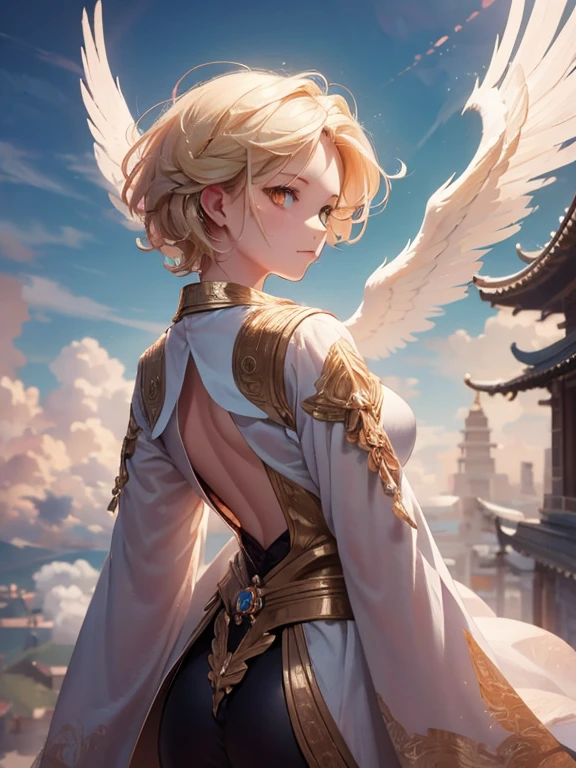 masterpiece, highest quality, Very detailed, 16k, Ultra-high resolution, Cowboy Shot, One -yeld gi Detailed face, Perfect Fingers, Angel halo on head, Golden Eyes, Blonde, short hair, Thin and light clothing, Angel wings growing on the back, Above the Clouds, temple, Fantastic landscape, Flying on angel wings