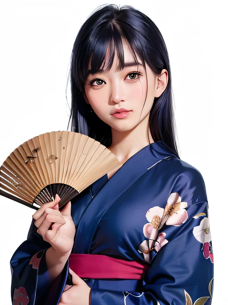 ((vivid, Realistic: 1.5), No background: 1.0, Portrait of a beautiful 17 year old Japanese girl: 1.2, Light Gray Background: 1.1, Breast augmentation: 1.5, cute: 1.0,Follow me (Holding a folding fan and looking at the camera with a smile): 1.2, Very long hair: 1.2, Navy Blue Hair: 1.2, Small face: 1.1, Messy Hair: 1.2,Eyebrows are lowered:1.1. Big Eyes、Wearing a summer yukata、So that the fan can be seen clearly:1.2