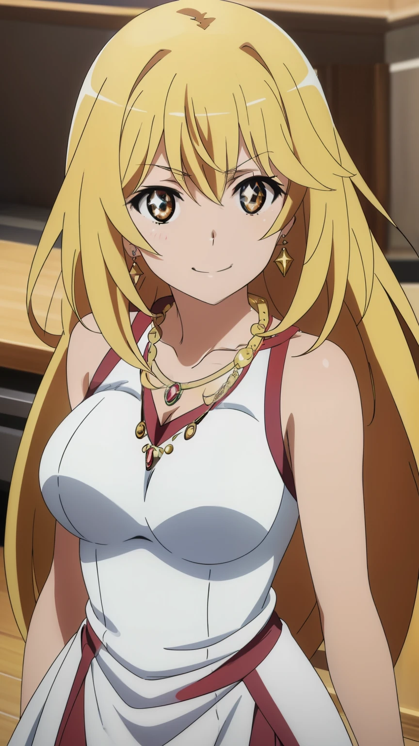 (highest quality, High resolution, 8k, masterpiece: 1.2), Very detailed, Anime art style, Misaki Shokuhou, Beautiful character design, Perfect eyes, Perfect face, Expressive eyes, Perfect balance, smile, blonde, Long Hair, Large medium chest, (dress,Sparkly dress,Earrings,necklace, chest_valley, venue), looking at the camera, Dynamic pose, Dynamic Angle, The gaze camera focuses on the center of the image,