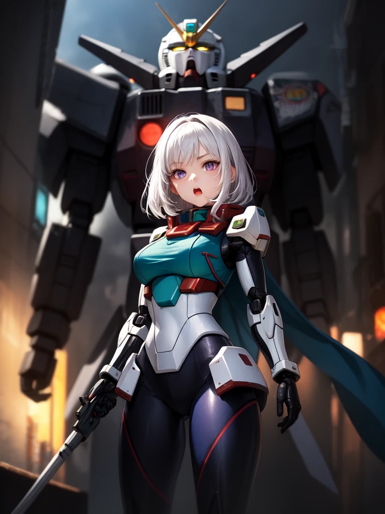 Practical, Girl one, White hair, Purple Eyes, Shining eyes, Mecha suit, Gundam, Metal, Intricate details, Detailed neon lights, Open your mouth,