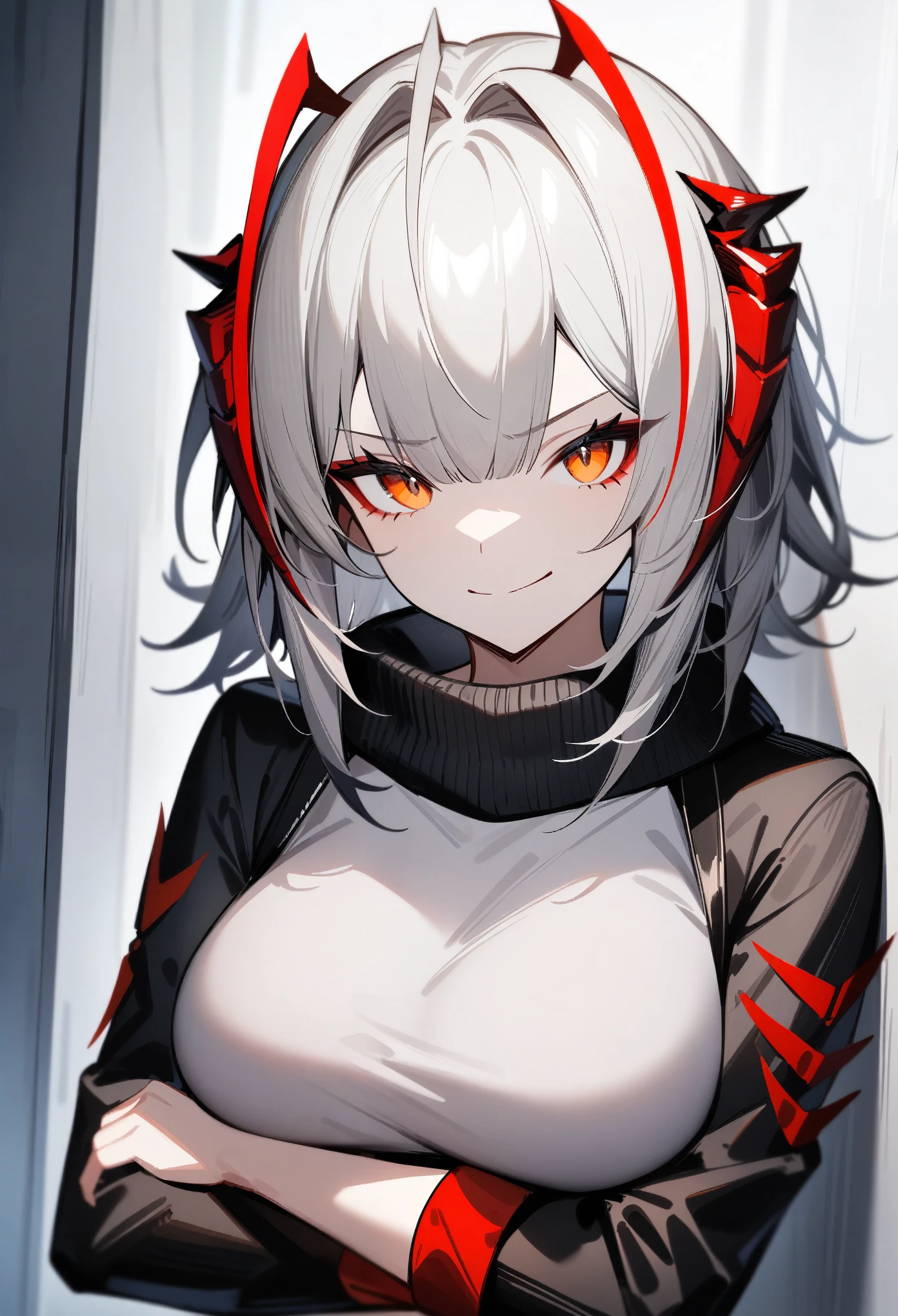 masterpiece, best quality, very aesthetic, absurdres, 1girl, w\(arknights), arknights, looking at viewer, upper body, horns, breasts, (black jacket), grey shirt, crossed arms, arms under breasts, closed mouth, smirk, against wall, indoors, science fiction