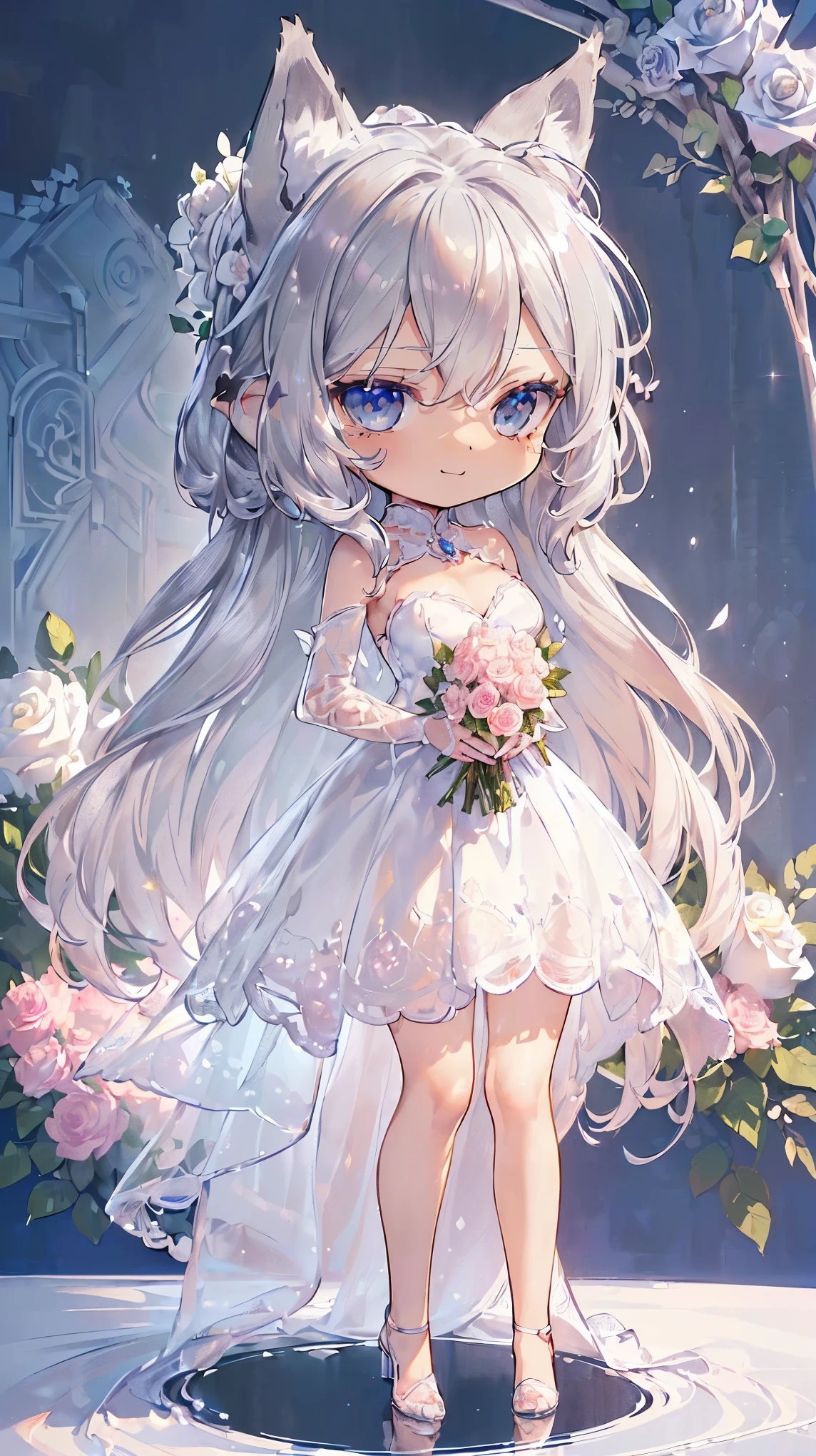 (((Masterpiece))), (((Highest quality))), ((Ultra-detailed)), ((Super fine illustration)), ((Ultra-fine painting)), (16K highest quality wallpaper:1.4), (Chibi:2.0), (Full body:1.4), (Highly detailed and delicate illustration style:1.8), Detailed skin texture, Detailed cloth texture, Detailed rose flower texture, Extreme detailed description, (T-masterpiece), (Highly detailed face:1.4), (Highly detailed silver fox ears:1.2), (Highly detailed silver hair:1.2), (Highly detailed, beautiful and clear eyes:1.2), Original, RAW photo, Professional, Intricate details, Super details, Direct light:1.6, (Perfect anatomy:1.4), (Highly detailed hands:1.2), (Highly detailed fingers:1.2), (Highly detailed fingertips:1.2), (27-years-old), Real, (Solo:1.6), ((A very beautiful and attractive silver fox female fashion model:1.4)) BRAKE (Beautiful and adorable silver fox ears:1.6), (Highly detailed and delicate silver fox ears:1.4), (Beautiful and well-shaped big breasts:1.2), (Beautiful and well-shaped buttocks), (Beautiful and shiny silver hair:1.6), (Highly detailed and delicate silver hair:1.4), (Beautiful clear blue eyes that shine with great detail:1.6), (Highly detailed and delicate blue eyes:1.2), (Highly detailed face:1.4), (Smile:1.4), (Looking at viewer:1.4), (Standing:1.4), (Celebration:1.4) BRAKE ((A beautiful and gorgeous princess dress that is detailed and delicate to be worn at celebratory occasions:1.4)) BRAKE ((Holding in both hands a large bouquet of highly detailed and delicate ((white and pink roses)):1.3)) BRAKE (Just after noon:1.4), (Celebration:1.4), ((Highly detailed and delicate white rose flower and pink rose flower garden background:1.4)), (Highly detailed and delicate royal palace courtyard background in just after noon in spring:1.4) BRAKE 