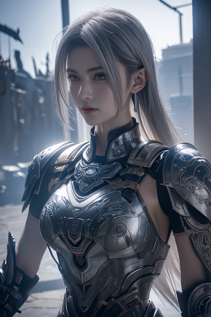 masterpiece,Game Art,Best picture quality,Maximum resolution,8k,(portrait),Unreal Engine 5 rendering works,(Digital Photography),((portrait Feature:1.5)),
20 year old girl,Short hair details,Long bangs,(The red eye makeup is carefully applied),(With long gray hair:1.4),(Large target, plump breasts),Elegance and nobility,Brave and charming,
(The future armor combines the characteristics of Chinese armor,hollow-carved design,Power Armor,Mysterious oriental runes,Exquisite clothing patterns,Magic Flash),Future Warrior,Cyberpunk Characters,War Background,
light,Ray Tracing,Game CG,((3D Unreal Engine)),OC rendering reflection mode