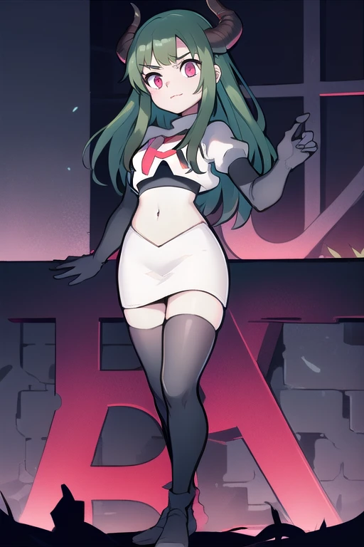 masterpiece, 1girl, simmer, green skin, colored skin, green hair, red eyes, horns, team rocket,team rocket uniform,white skirt,red letter R,crop top,black thigh-highs,black elbow gloves