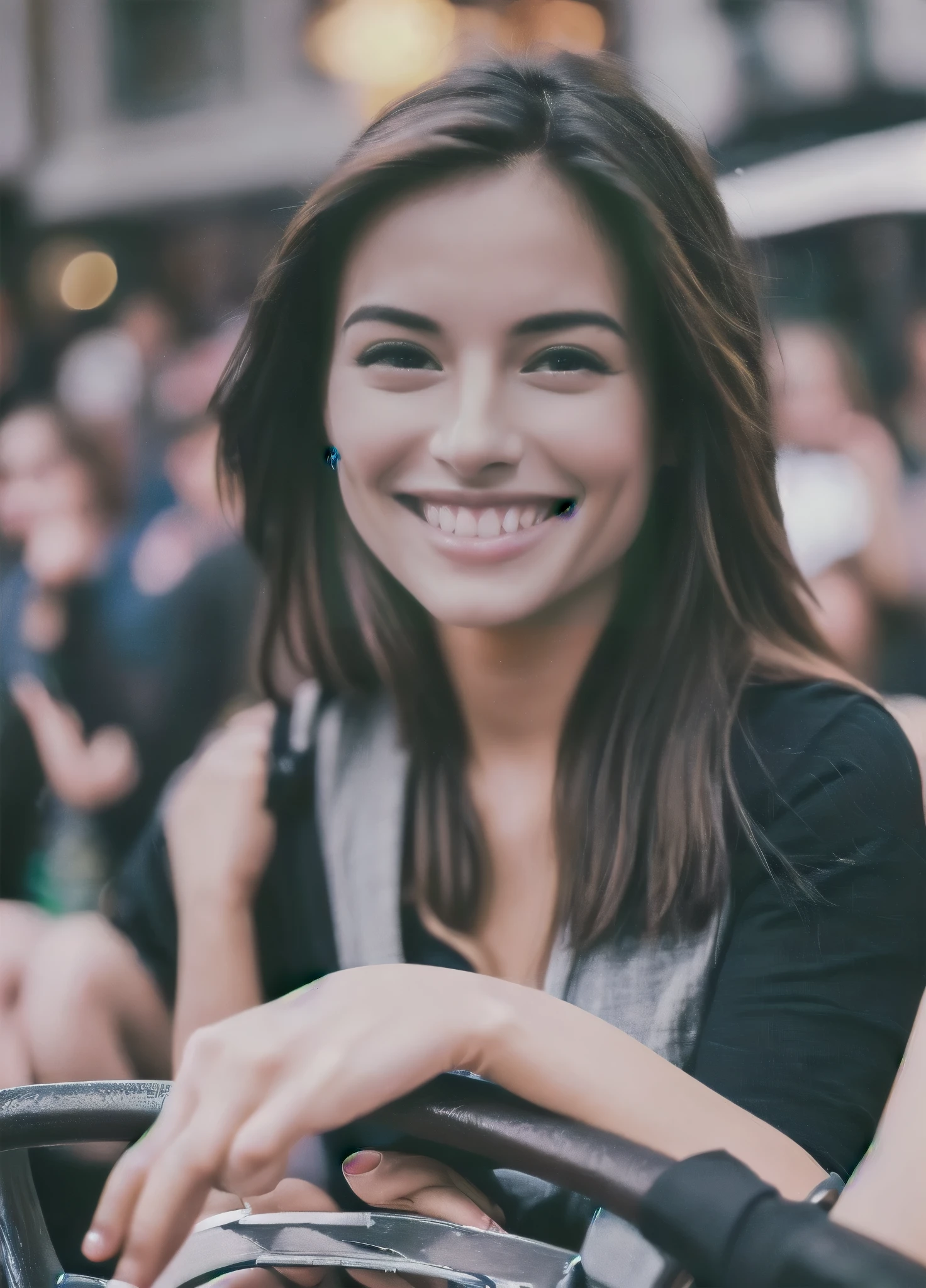 picture, best quality, Women in the city , photo of beautiful?casual, Smile, Looking at the audience, Perfect face, Perfect eyes, Clear focus, Wheels within wheels, High Detail, dramatic, Reality,