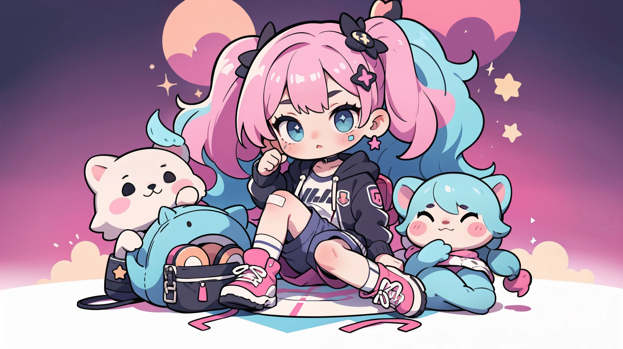 masterpiece, best quality, 8k, cinematic light, ultra high res, chibi, 1girl, bag, backpack, solo, multicolored hair, shorts, star \, (symbol\), blue hair, hood, sitting, pink hair, star hair ornament, head rest, socks, pink footwear, black shorts, hair ornament, full body, boots, bandaid, gradient, twintails, jacket, 