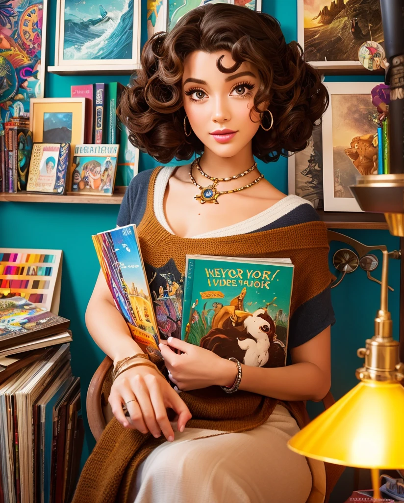 (highest quality,4K,8k,High resolution,masterpiece:1.2),Very detailed,Realistic,Disney Style,Detailed girl characters,Beautiful brown eyes,Dark Skin,Curly Hair,Work in a graphic design studio,Vector illustration,Creative workspace,Vibrant colors,Warm lighting,Studio desk with design tools,Laptop with design software,Pencils and brushes on the desk,Colorful sketches on the wall,Inspirational quotes on the wall,famous design posters,Design books and magazines lined up on shelves,Artistic print on the floor,Inspirational mood boards,Comfortable chair,Designer Fashion,Positive and focused expression,Artistic atmosphere,Fine details and textures,Playful creativity,A partially filled canvas waiting to be completed,Disney Princess Reference,Magic shining in the air,Captivating art style.