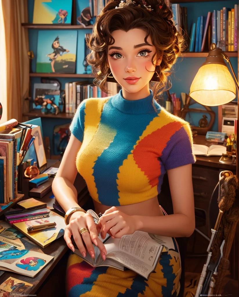 (highest quality,4K,8k,High resolution,masterpiece:1.2),Very detailed,Realistic,Disney Style,Detailed girl characters,Beautiful brown eyes,Dark Skin,Curly Hair,Work in a graphic design studio,Vector illustration,Creative workspace,Vibrant colors,Warm lighting,Studio desk with design tools,Laptop with design software,Pencils and brushes on the desk,Colorful sketches on the wall,Inspirational quotes on the wall,famous design posters,Design books and magazines lined up on shelves,Artistic print on the floor,Inspirational mood boards,Comfortable chair,Designer Fashion,Positive and focused expression,Artistic atmosphere,Fine details and textures,Playful creativity,A partially filled canvas waiting to be completed,Disney Princess Reference,Magic shining in the air,Captivating art style.
