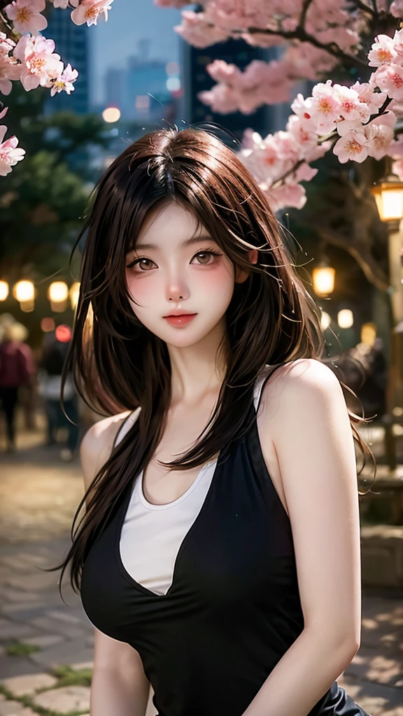 Create an enchanting illustration of a beautiful woman wearing a tank top, set against a backdrop of a sakura night park. Ensure to capture the serene beauty of the natural setting while focusing on the exquisite detail of the subject. blurry background