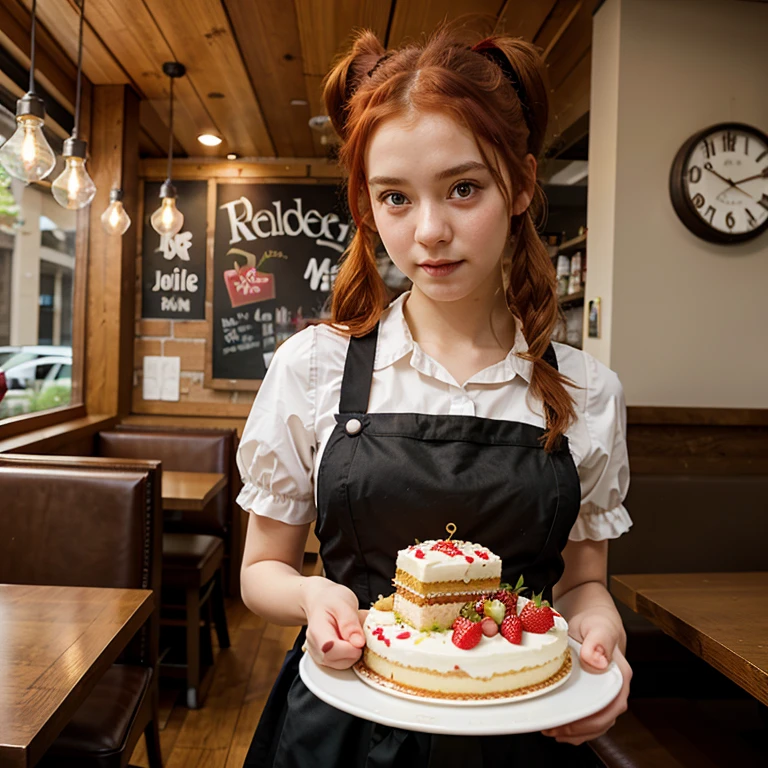 Promotional photo, the place is a coffee shop, 1 girl, 16-year-old face, waitress carrying cake to the table, red-haired twin tails, gentle face, half costume of gothic lolita and maid costume with the image of strawberries, clothes based on white,