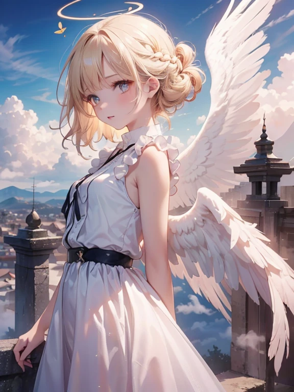 masterpiece, highest quality, Very detailed, 16k, Ultra-high resolution, Cowboy Shot, One -yeld gi Detailed face, Perfect Fingers, Angel halo on head, Golden Eyes, Blonde, Braid, Thin and light clothing, Angel wings growing on the back, Above the Clouds, temple, Fantastic landscape, Flying on angel wings