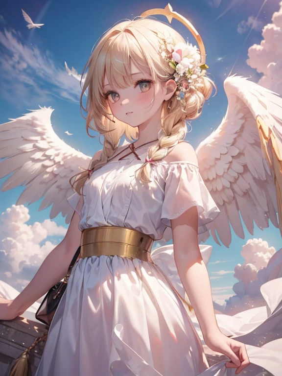 masterpiece, highest quality, Very detailed, 16k, Ultra-high resolution, Cowboy Shot, One 12-year-old girl, Detailed face, Perfect Fingers, Angel halo on head, Golden Eyes, Blonde, Braid, Thin and light clothing, Angel wings growing on the back, Above the Clouds, temple, Fantastic landscape, Flying on angel wings