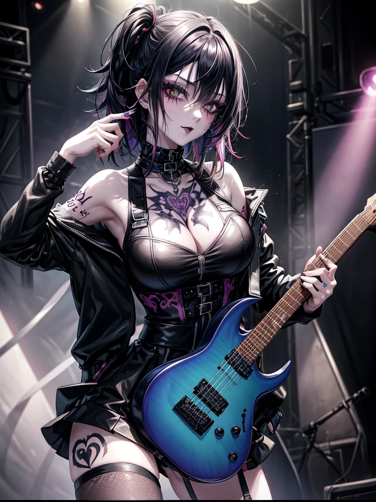 Goth, color:spectrum, Excited, 明るい虹colorの髪, Pale skin, Smokey Eye, vivid colors, on stage, Punk rock hairstyle, Short, unkempt hair, Black Lips, technicolor, Huge breasts, chest Tattoo, Tattoo, 首のTattoo, entire body covered in Tattoo, Electric guitar