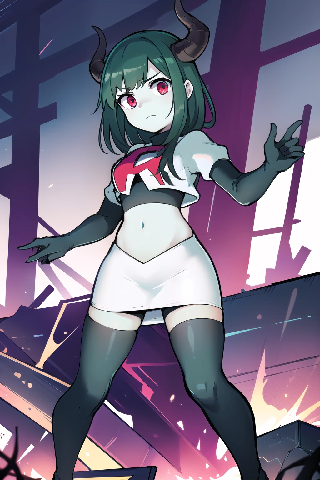 masterpiece, 1girl, simmer, green skin, colored skin, green hair, red eyes, horns, team rocket,team rocket uniform,white skirt,red letter R,crop top,black thigh-highs,black elbow gloves