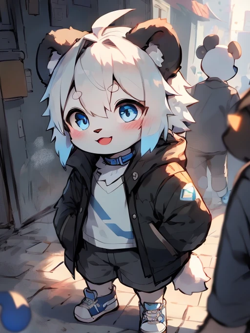 White hair ,male人士,Q version,, cute, Stand up, 大师masterpiece, high resolution,8k,Detailed background,high quality,(((solo))),Looking at the audience,Viewing angle,from above,Like a dream,magic,White Cloud,(Warm light source:1.2),high altitude,In the clouds,Happy expression,shorts(masterpiece),(Very detailed),(best quality),hairy,Giant Panda,fur,(blush:1.1),((Gentle expression)),Commercial Street Background,8k,(high quality),(Ultra HD),(Super detailed),male,Age 18 years,Slightly plump,cute又帅气,Very kind face。圆圆cute的脸颊。Left eye pupil is green,Blue pupil of the right eye。黑白相间的fur。Drooping eyes。The hair on the left arm and left hand is pure white fur。Wearing a white shirt with a dark blue collar,Wearing a white coat,There is some light blue ink gradient on the top part,Wearing grey pants,Wearing blue and white sneakers。