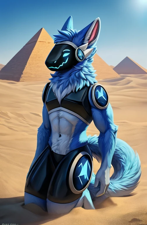 , (((Light blue fur protogen))) , big chest, day, sexy, sensual, detailed, uploaded to e621, beautiful and detailed portrait of an anthropomorphic Light blue fur protogen, (((male))) uploaded to e621, zaush, foxovh, movie lighting, , thicc, alone, muscles, muscular build, movie cover, movies poster, outdoors in a desert looking for water but can't find any, looking around for water in a desert, lots of sand, dunes of sand with 3 pyramids in the background , dry hot day in a desert, daytime bright sun, 3 pyramids