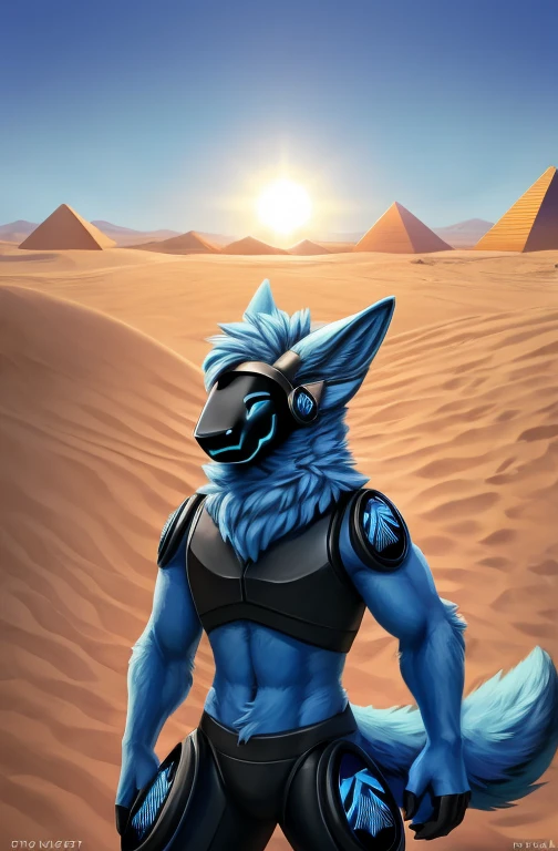 , (((Light blue fur protogen))) , big chest, day, sexy, sensual, detailed, uploaded to e621, beautiful and detailed portrait of an anthropomorphic Light blue fur protogen, (((male))) uploaded to e621, zaush, foxovh, movie lighting, , thicc, alone, muscles, muscular build, movie cover, movies poster, outdoors in a desert looking for water but can't find any, looking around for water in a desert, lots of sand, dunes of sand with 3 pyramids in the background , dry hot day in a desert, daytime bright sun, 3 pyramids
