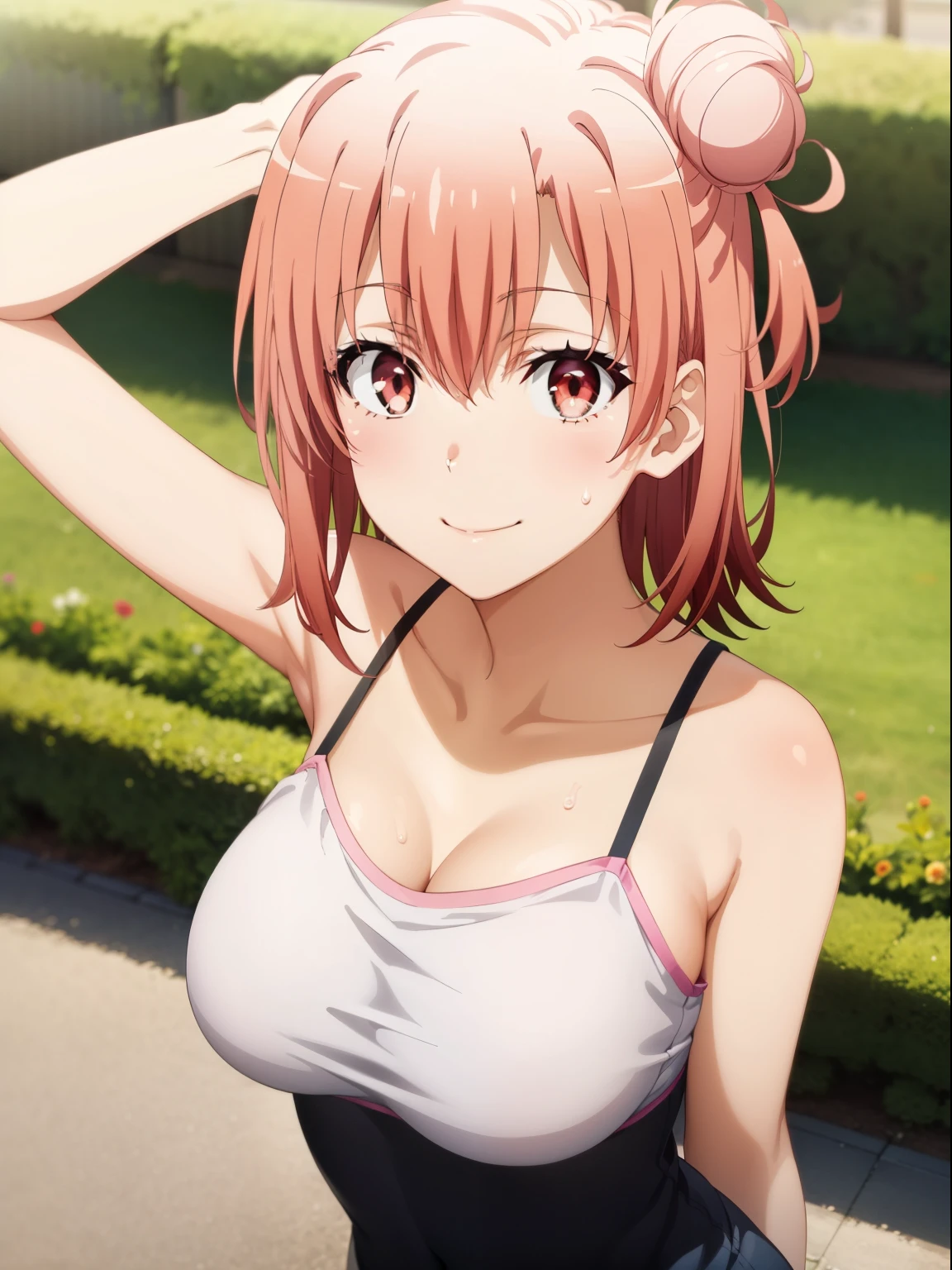 1girl, alone, yuigahama Yui,((masutepiece, Best Quality, hight resolution, nffsw, Perfect Pixel, depth of fields, 4K, )) , Beautiful anime girl, Beautiful Art Style, 
close up, Looking at Viewer, 
Perfect body,  Yuigahama Yui, Pink hair, Short hair, Hair bun, large boob, black ruffle camisole,  Sweat, Smile, 
From  above, arm up, In the park, Sunshine, perfect hands, perfect anatomy,