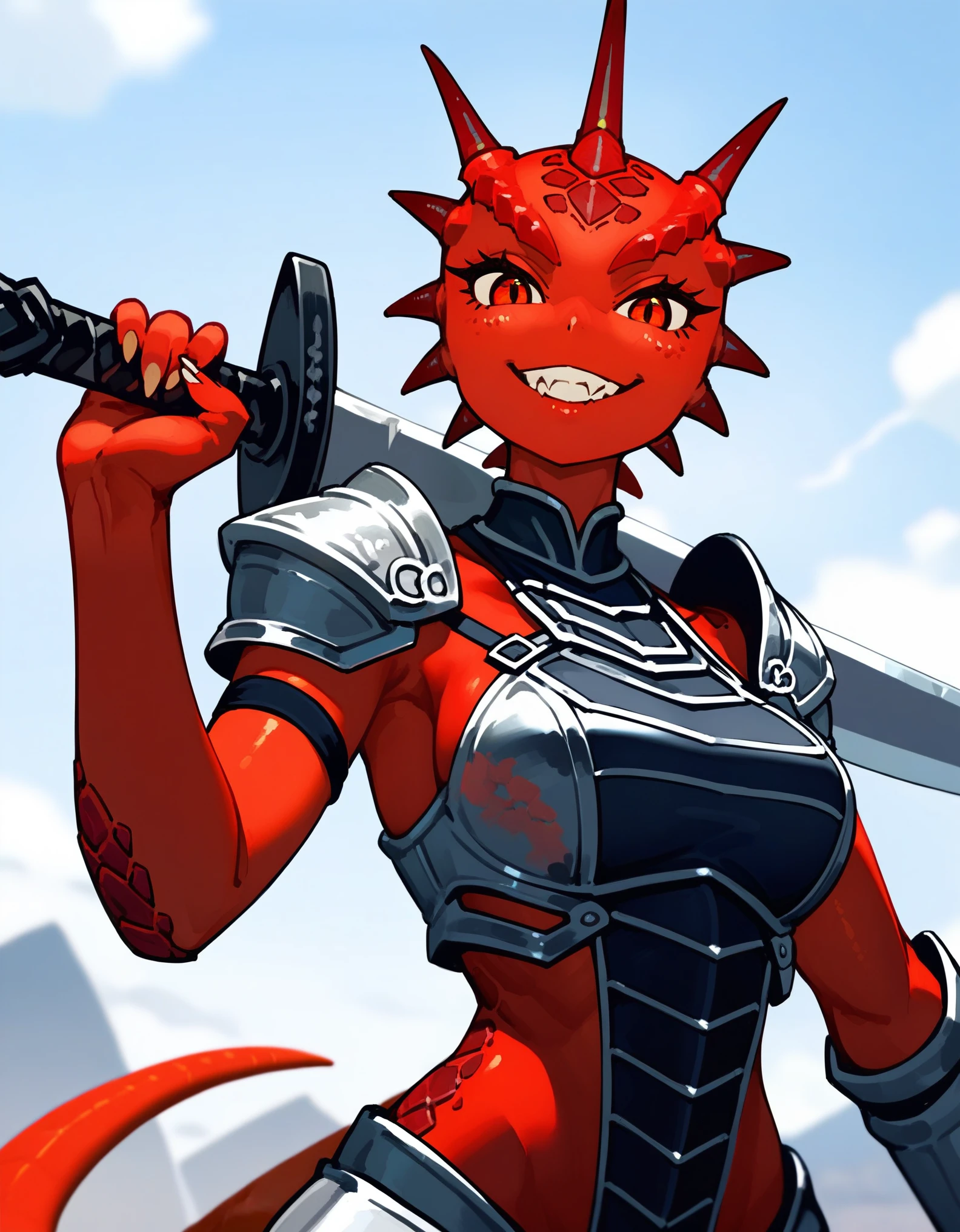 score_9,score_8_up,score_7_up, source_furry, source_cartoon, kemono style, flat colors, simple design, cartoon, Argonian female from skyrim, red skin, red eyes, black ridged horns, big smile, upper body shot, wearing black metal warrior armor, holding a great sword, outdoors, 