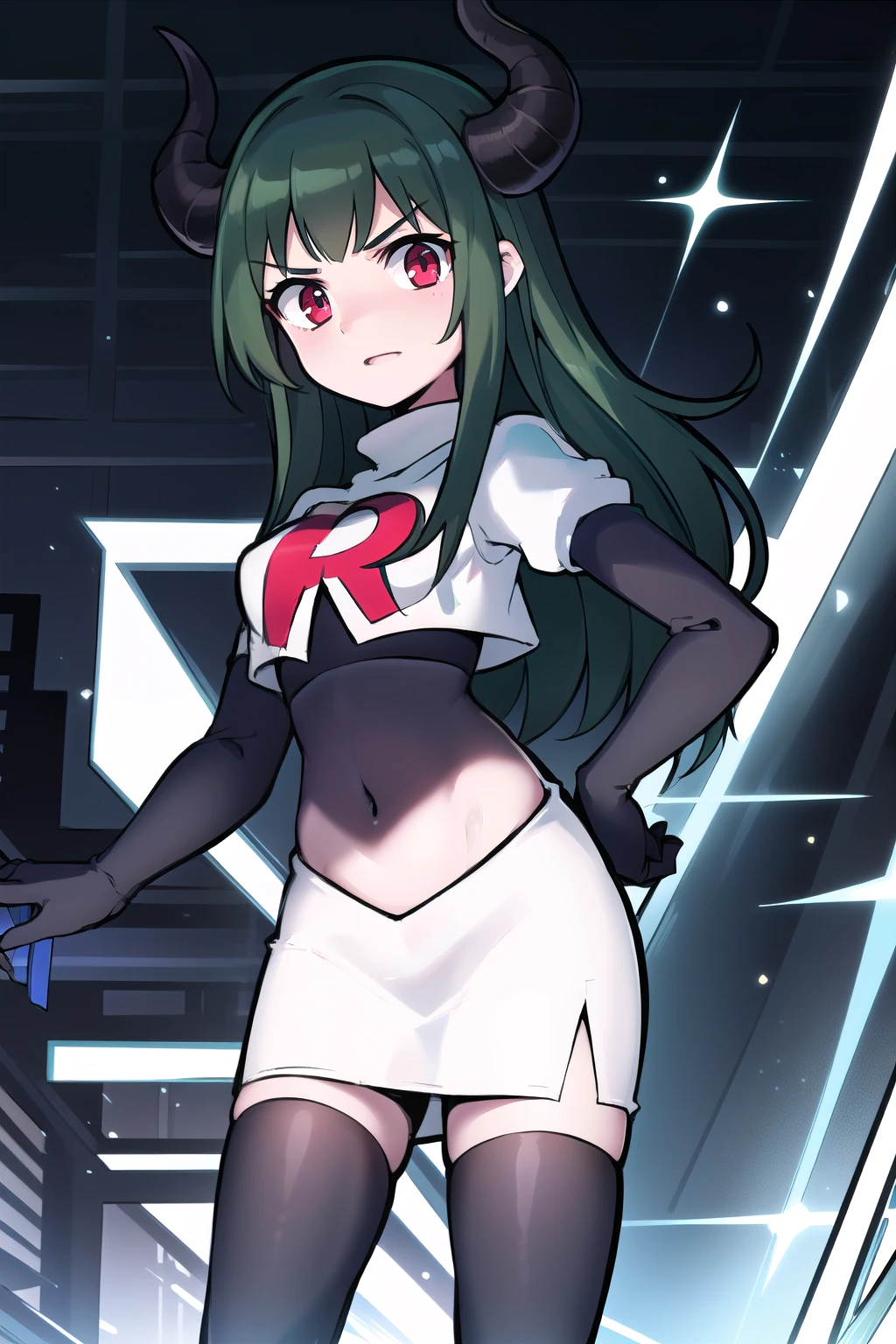 masterpiece, 1girl, simmer, green skin, colored skin, green hair, red eyes, horns, team rocket,team rocket uniform,white skirt,red letter R,crop top,black thigh-highs,black elbow gloves