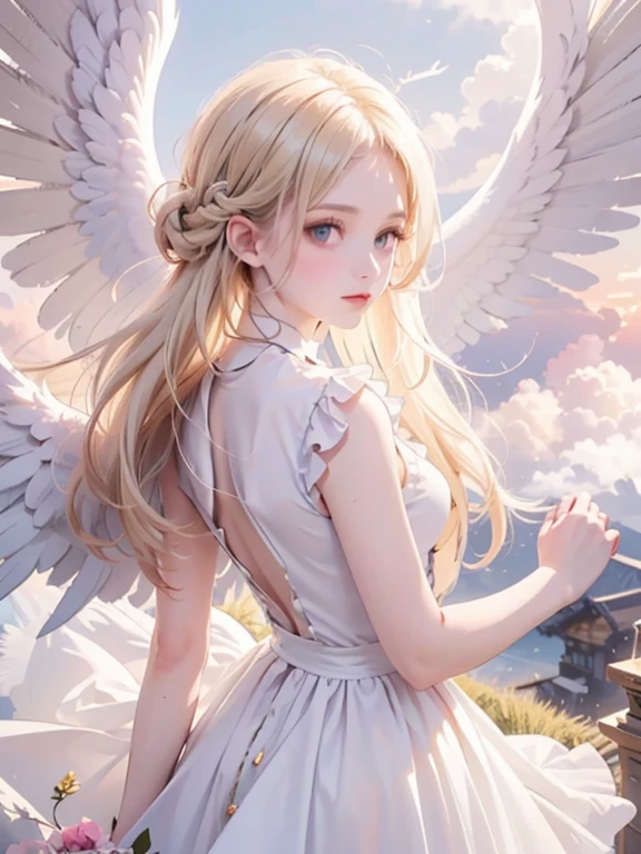 masterpiece, highest quality, Very detailed, 16k, Ultra-high resolution, Cowboy Shot, One 12-year-old girl, Detailed face, Perfect Fingers, Angel halo on head, Golden Eyes, Blonde, Braid, Thin and light clothing, Angel wings growing on the back, Above the Clouds, temple, Fantastic landscape, Flying on angel wings