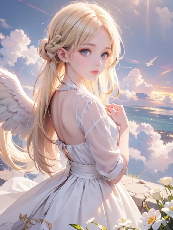 masterpiece, highest quality, Very detailed, 16k, Ultra-high resolution, Cowboy Shot, One ****************, Detailed face, Perfect Fingers, Angel halo on head, Golden Eyes, Blonde, Braid, Thin and light clothing, Angel wings growing on the back, Above the Clouds, temple, Fantastic landscape, Flying on angel wings