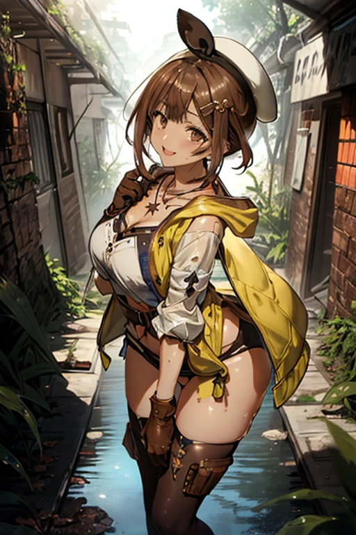 (Beautiful fine details:1.6), Highly detailed face, Highly detailed CG, (Perfect hands, Perfect Anatomy),
((highest quality)), ((masterpiece)),High resolution,Sharp focus,(Highly detailed CG Unity 8k wallpaper),
(((Vibrant colors))), Perfect Face,Seductive eyes,Liza Lynn Stout, Raisalin Stout,
Big Ass,Big Breasts,glamorous_expensive_Tight waist_Long legs,curve,Thighs,curvy,smile,Open your mouth, drunken eyes,
very shiny 肌,Shiny body,plastic glitter 肌,exaggerated shiny 肌,illuminated skin,wearing side-tie bikini,
cute,Lewd,erotic,Bold,Camel Toe,short hair,
Brown Hair,Knee socks,gloves, brown gloves, 片手gloves,レザー gloves,Top view,
White Hat, Star Necklace,hair ornaments, (Brown eyes:1.5), Hair Clip, cowboy shot,
したたるwater滴, wet skin,waterに囲まれた, reflection,Breathtakingly beautiful clouds,Light,Dazzling Light,Cinematic Light.Plants are overgrown,leaves,(water, water遊び),forest,rubble, sit,Spread your legs a little,weed,cracked cobblestone,Mossy wall,Place your hands on your thighs,