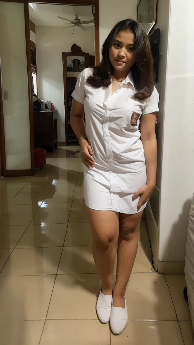 Gorgeous Indonesian woman with natural body wearing Indonesian high school uniform, standing inside her house