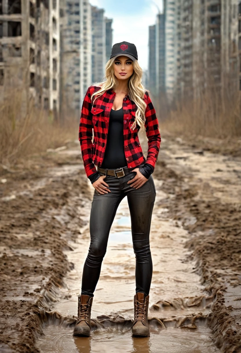 (Slim sexy body girl, long legs, tanned skin), (open khaki military long sleeves jacket), (muddy washed-out black high-rise long tight jeggings:1.5), (tight red checkered shirt with cleavage), (hiking boots), (baseball cap), (leather gloves). photorealist. (legs spread wide showing crotch), (Sunny day), (post-apocalyptic landscape).