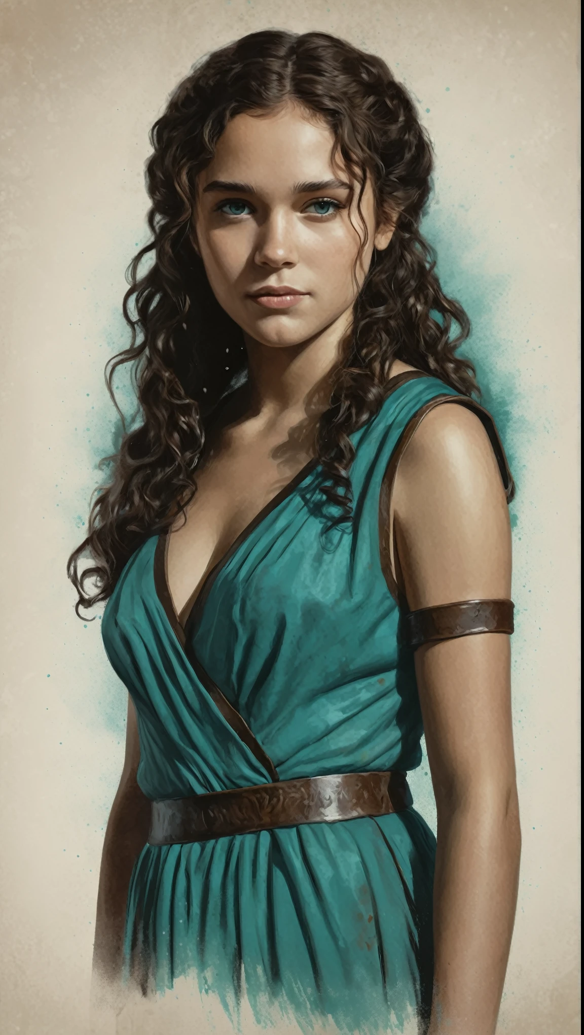 An illustrated movie poster, hand-drawn, full color, a Westerosi teenage girl, wearing a regal chiton, warm brown complexion, freckles, turquoise eyes, dark hair, long loose curls, waist-length hair, posing on a pedestal, hard shadows, graphite shading, stencil marks, airbrushed acrylic paint, masterpiece, in the style of Game of Thrones 