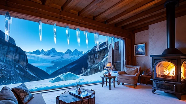 Ice palace: glacier Ice cave office,

Location: Swiss Alps,
Suite: grotto decorated with ice sculptures and crystals,
Views: blue-tinged glacier views, magical space with glistening icicles,
Equipment: wood-burning stove, hot chocolate pot, reading lamp, 
sofa, coffee,