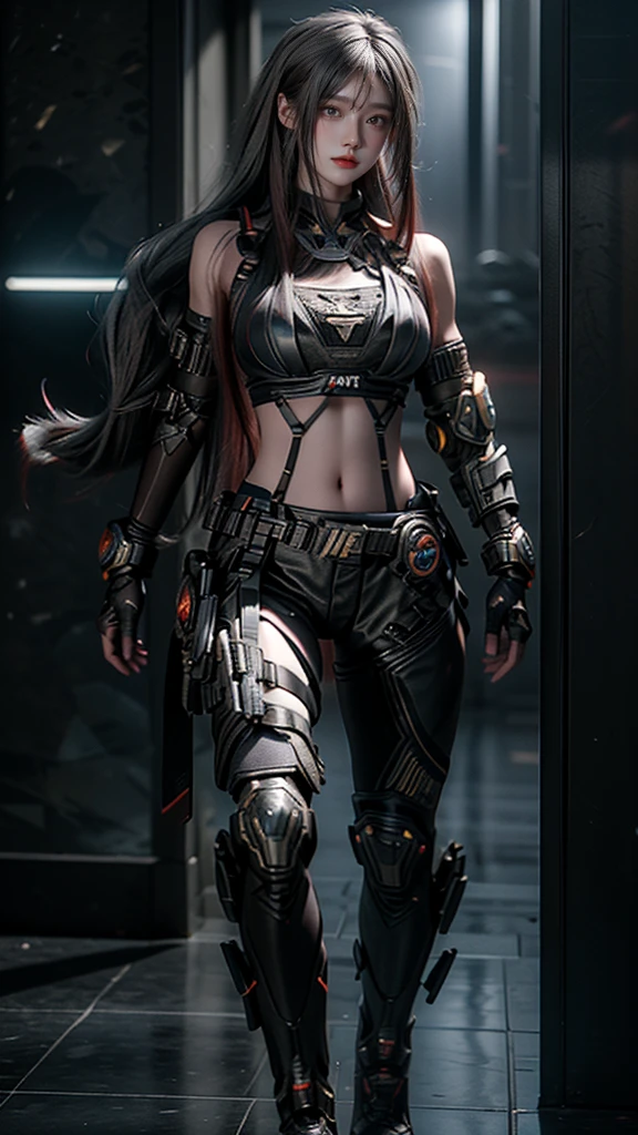 Masterpiece,Game art,The best picture quality,Highest resolution,8K,(Portrait),Unreal Engine 5 rendering works,(Digital Photography),((Portrait Feature:1.5)),
20 year old girl,Short hair details,With long bangs,(The red eye makeup is very meticulous),(With long gray hair:1.4),(Large, full ),Elegant and noble,Brave and charming, Warrior of the future,Cyberpunk figures,Background of war,
Movie lights,Ray tracing,Game CG,((3D Unreal Engine)),OC rendering reflection pattern, bikini armor, full body