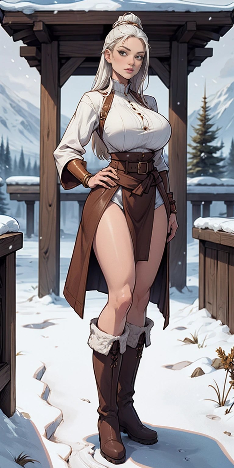 full body standing straight symmetrical, FEMALE warrior princess, big belt around waist, hair, very white skin like snow, wearing full HERBALIST CLOTHES, brown leather boots, HERBALIST outfit, MILF bimbo