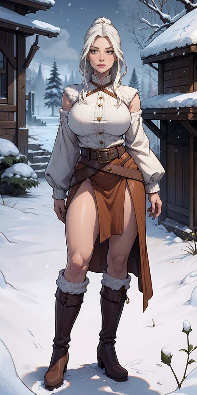 full body standing straight symmetrical, FEMALE warrior princess, big belt around waist, hair, very white skin like snow, wearing full HERBALIST CLOTHES, brown leather boots, HERBALIST outfit, MILF bimbo